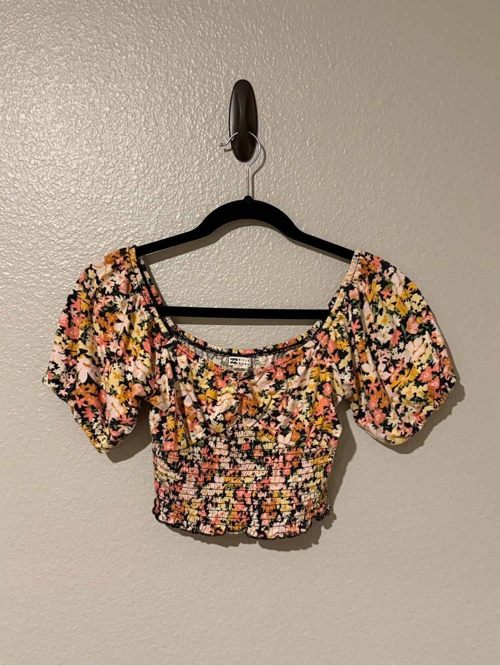 Billabong Floral Shirred Crop Top - Pink, Yellow, Black